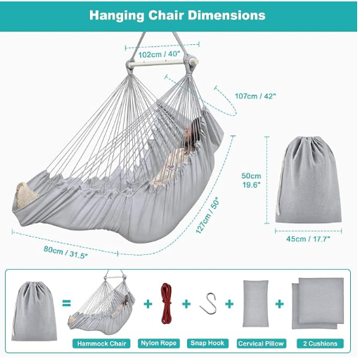 Outerman Hammock Chair, Hanging Chair with 3 Cushions and Foot Rest Support, Durable Metal Spreader Bar Max 440 Lbs, Swing Chair for Bedroom, Indoor & Outdoor, Patio, Porch or Tree（Gray）