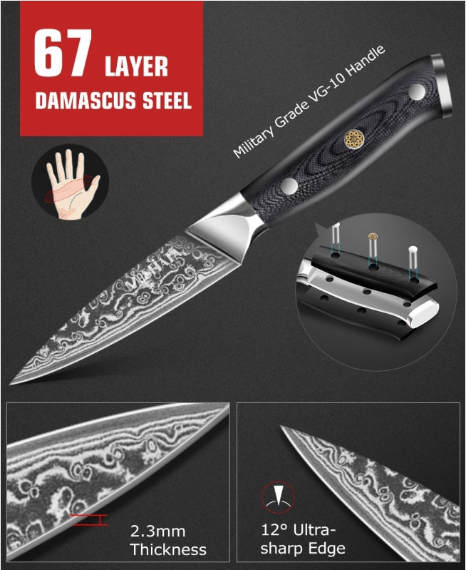 MOSFiATA Paring Knife, Super Sharp Damascus Fruit Knife, Multifunctional Peeling for Cutting Fruit Vegetables