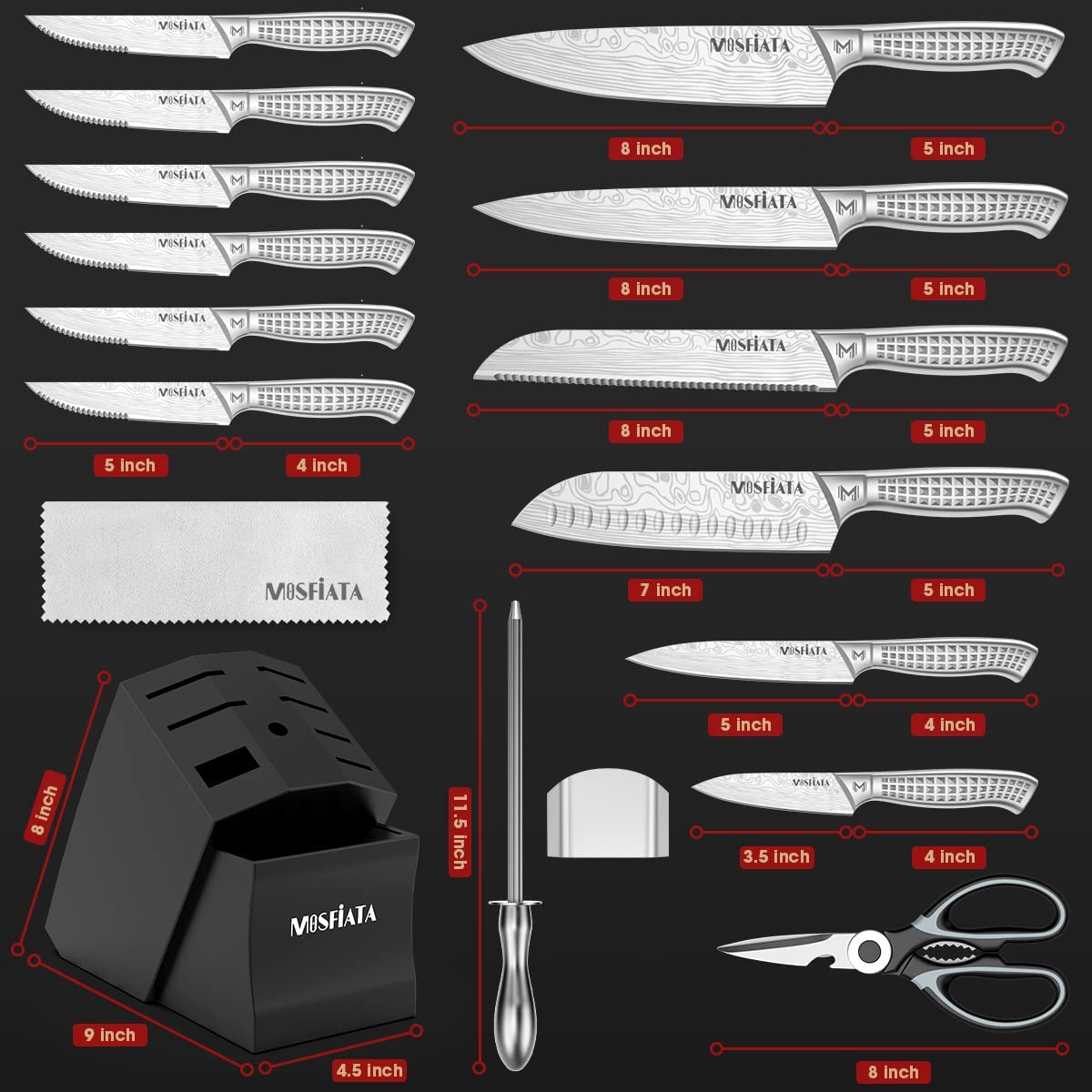 MOSFiATA Kitchen Knife Set, 17 Pieces Japan Stainless Steel Knife