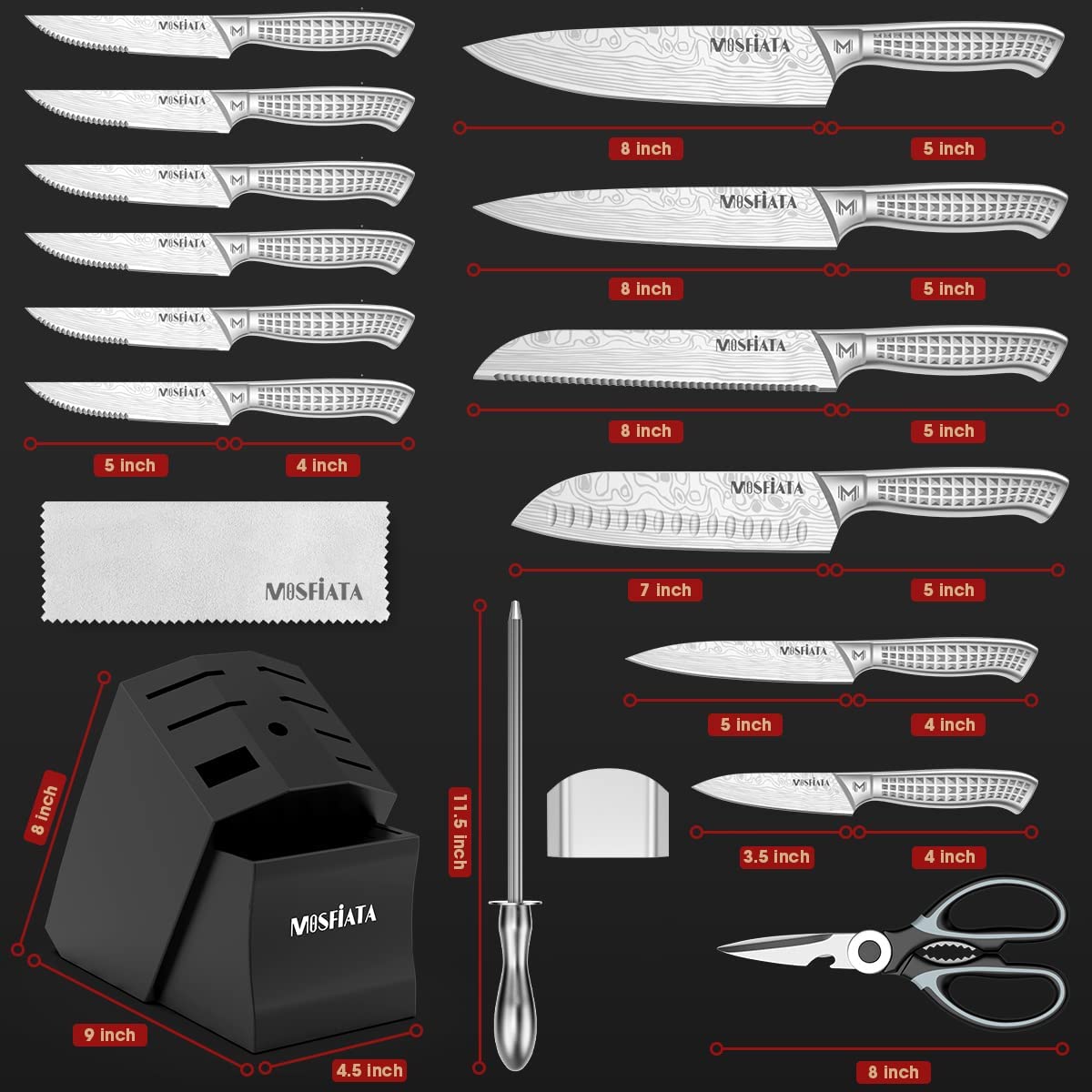 MOSFiATA Kitchen Knife Set, 17 Pieces Japan Stainless Steel Knife Sets for Kitchen with Block with Knife Sharpening Rod,Chefs,Santoku, Carving,Paring,6 Steak Knives & Shears, Dishwasher Safe, Silver