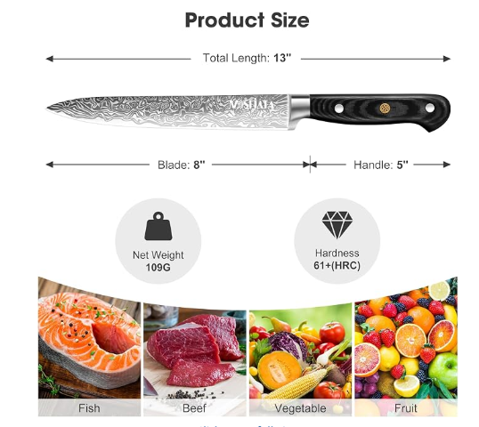 MOSFiATA 8 inch Carving Knife，Stainless Steel Brisket Slicing Knife for Meat Cutting, Razor Sharp Butcher Knife with Granton Edge for Roasts, BBQ, Turkey