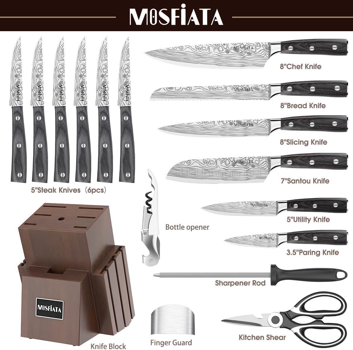 MOSFiATA 15-Piece Kitchen Knife Set with Block&Sharpening Rod, Ergonomic Handle for Chef Knife Set and Serrated Steak Knives Knife Sharpener and Kitchen Shears, Bottle Opener