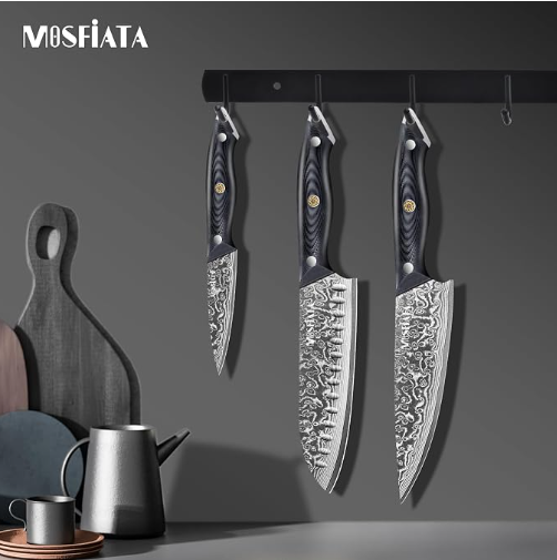 MOSFiATA Damascus 7" Santoku Knife, VG10 Core, Chef's Knife | Damascus Stainless Steel, Chopping Cooking Knife Set, G10 Handle, Sharpener, Gift Box