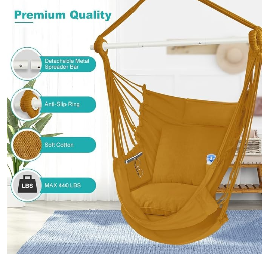 Outerman Hammock Chair, Hanging Chair with 3 Cushions and Foot Rest Support, Durable Metal Spreader Bar Max 500Lbs, Swing Chair for Bedroom, Indoor & Outdoor, Patio, Porch or Tree（Khaki）