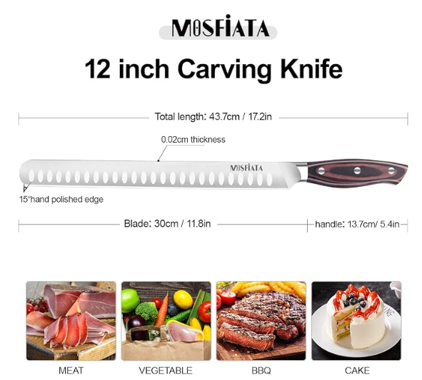 MOSFiATA 12" Slicing Carving Knife, BBQ Meat Cutting Knife-Forged High Carbon German Steel,Ergonomic Handle Design With Gift Box