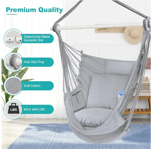 Outerman Hammock Chair, Hanging Chair with 3 Cushions and Foot Rest Support, Durable Metal Spreader Bar Max 440 Lbs, Swing Chair for Bedroom, Indoor & Outdoor, Patio, Porch or Tree（Gray）