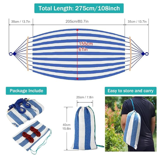 MOSFiATA Hammocks Portable Camping Hammock Upgraded 550lb Comfortable Fabric Hammock with Two Anti Roll Balance Beam and Sturdy Metal Knot Tree Straps for Camping, Patio, Backyard, Outdoor(Blue White)