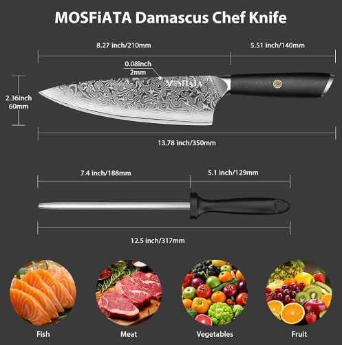 MOSFiATA Damascus Chef Knife 8", Professional Sharp Kitchen Knife 67 Layers Damascus Stainless Steel VG10 Core, Chef's Knives Chopping Cooking Knife Set with Ergonomic G10 Handle Sharpener Gift Box