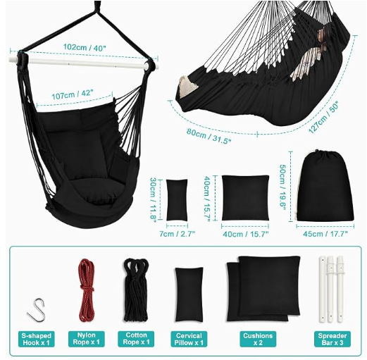 Outerman Hammock Chair, Hanging Chair with 3 Cushions and Foot Rest Support, Durable Metal Spreader Bar Max 500Lbs, Swing Chair for Bedroom, Indoor & Outdoor, Patio, Porch or Tree（Black）