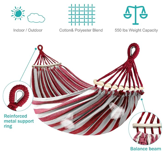 MOSFiATA Hammocks Portable Camping Hammock Upgraded 550lb Thickened Fabric Single Hammocks with Two Anti Roll Balance Beam and Tree Straps for Camping, Patio, Backyard, Outdoor(Red White)