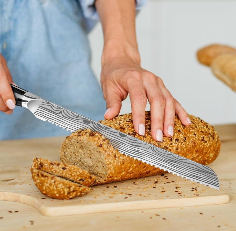 MOSFiATA Bread Knife 10.5” Ultra Sharp Knife，Long Serrations Glide Through Bread, Authentic, Handcrafted, Japanese Serrated Kitchen Knife