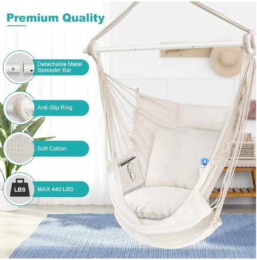 Outerman Hammock Chair, Hanging Chair with 3 Cushions and Foot Rest Support, Durable Metal Spreader Bar Max 440 Lbs, Swing Chair for Bedroom, Indoor & Outdoor, Patio, Porch or Tree（White）