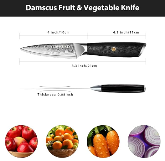 MOSFiATA Damascus Fruit Knife 4", Ultra Sharp Paring Knife, 67 Layers Damascus Steel VG10 Core Multipurpose Small Kitchen Knife Professional Peeling Knives, G10 Handle with Rivet Chef Gift