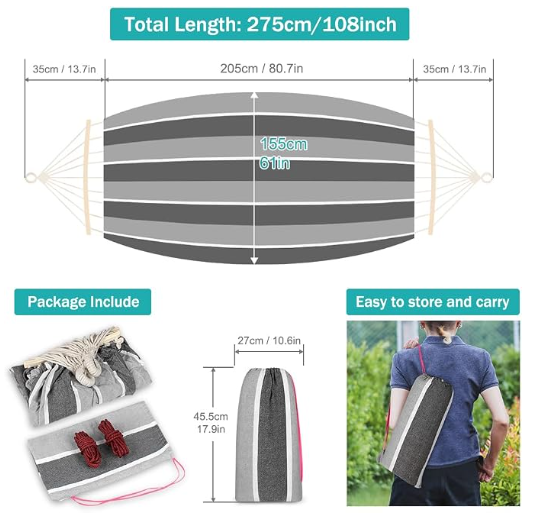 MOSFiATA Hammocks Portable Camping Hammock Upgraded 550lb Comfortable Fabric Hammock with Two Anti Roll Balance Beam and Sturdy Tree Straps for Camping, Patio, Backyard, Outdoor（Grey）