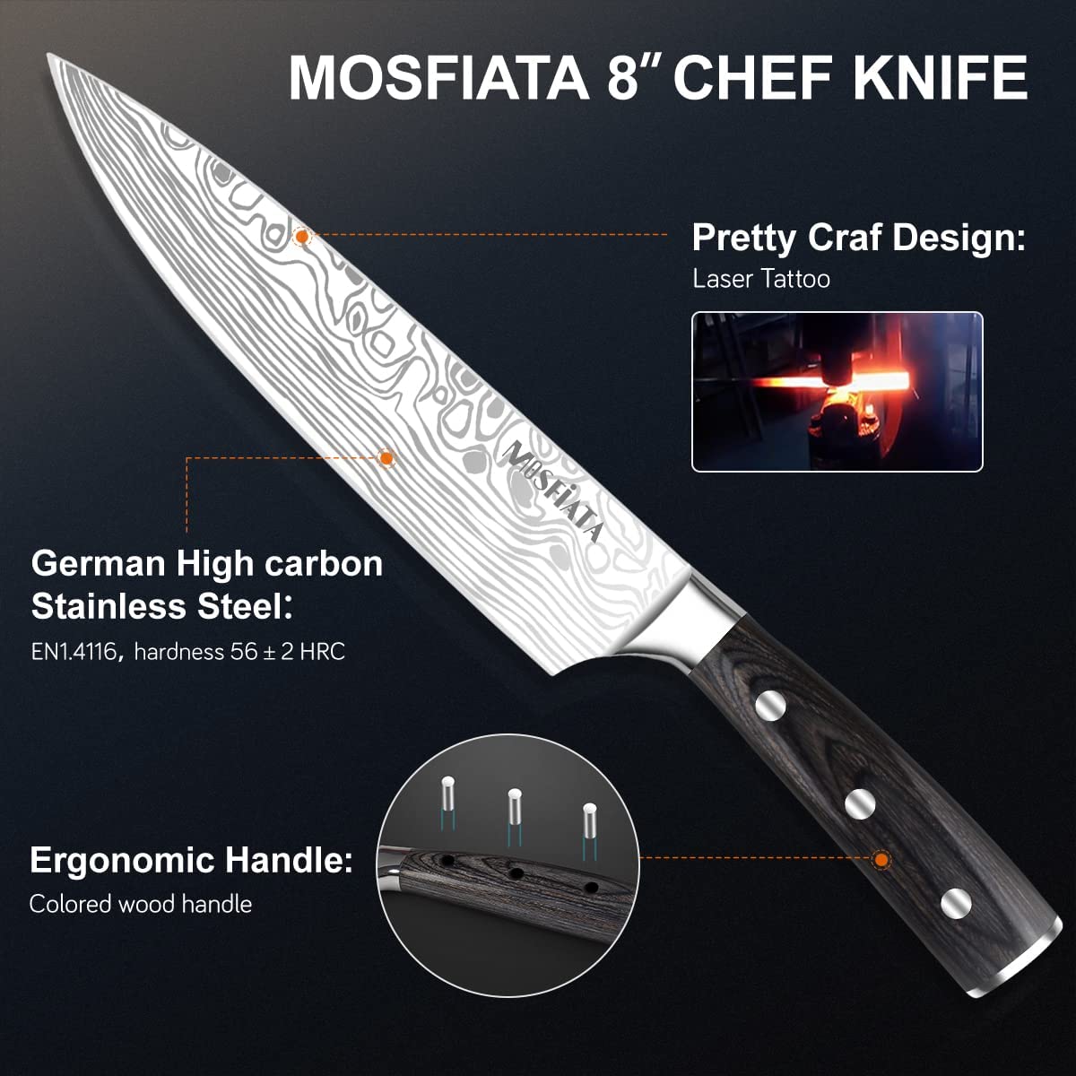 MOSFiATA Chef Knife 8 Inch Kitchen Cooking Knife, 5Cr15Mov High Carbon  Stainless Steel Sharp Knife with Ergonomic Pakkawood Handle, Full Tang