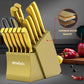 MOSFiATA Kitchen Knife Set, 17 Pcs Japanese Stainless Steel Knife Sets for Kitchen with Block with Knife Sharpening Rod, Dishwasher Safe, Gift Set,Titanium Plated Knife Block Set (Golden)