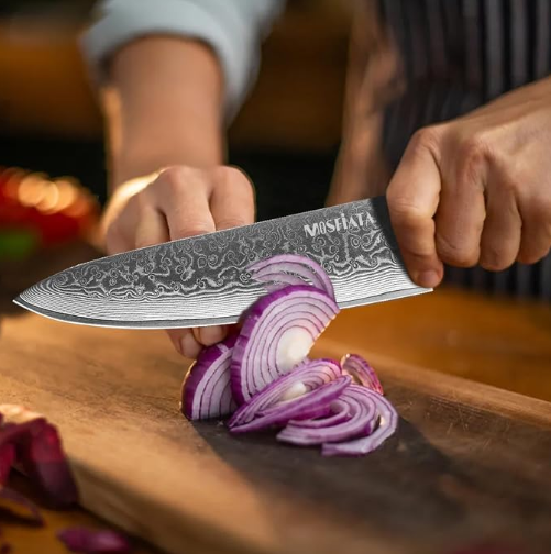 MOSFiATA Professional Damascus Chef Knife Set-3PCS, 8 ‘’Chef Knife 7”Santoku Knife and 5'Utility Knife，VG-10 High Carbon Stainless Steel with Finger Guard, Knife Sharpener Rod Gift Box