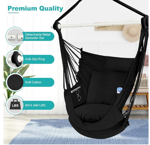 Outerman Hammock Chair, Hanging Chair with 3 Cushions and Foot Rest Support, Durable Metal Spreader Bar Max 500Lbs, Swing Chair for Bedroom, Indoor & Outdoor, Patio, Porch or Tree（Black）