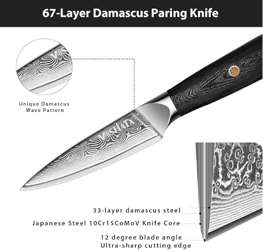 MOSFiATA Damascus Fruit Knife 4", Ultra Sharp Paring Knife, 67 Layers Damascus Steel VG10 Core Multipurpose Small Kitchen Knife Professional Peeling Knives, G10 Handle with Rivet Chef Gift