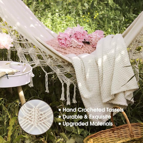 MOSFiATA Backyard Hammock with Tassels Max 500lbs Canvas Fabric Bohemian Style with Thickened Rope and Carry Bag for Outdoor, Garden, Patio, Wedding Decor (White)