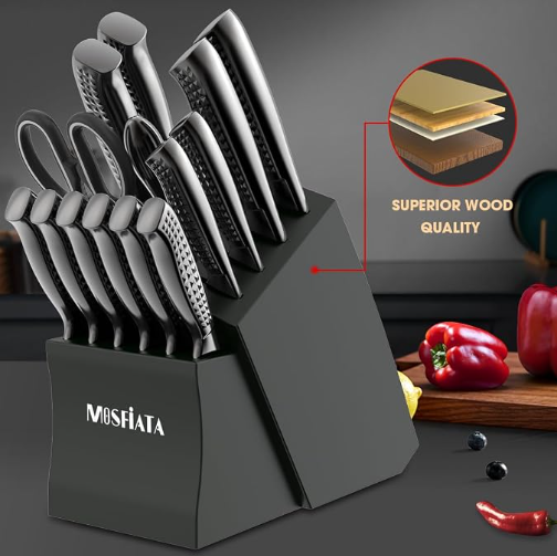 MOSFiATA Kitchen Knife Set, 17 Pcs Japanese Stainless Steel Knife Sets for Kitchen with Block with Knife Sharpening Rod, Dishwasher Safe, Titanium Plated Knife Block Set (Gray)