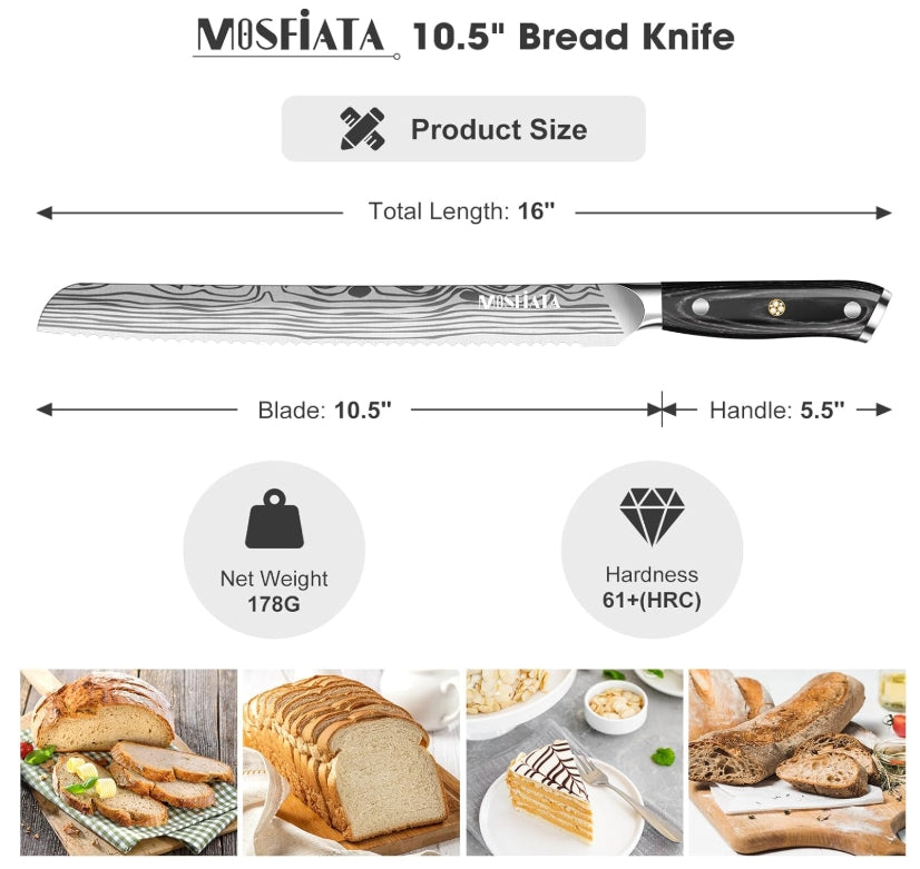 MOSFiATA Bread Knife 10.5” Ultra Sharp Knife，Long Serrations Glide Through Bread, Authentic, Handcrafted, Japanese Serrated Kitchen Knife