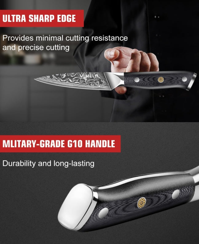 MOSFiATA Paring Knife, Super Sharp Damascus Fruit Knife, Multifunctional Peeling for Cutting Fruit Vegetables
