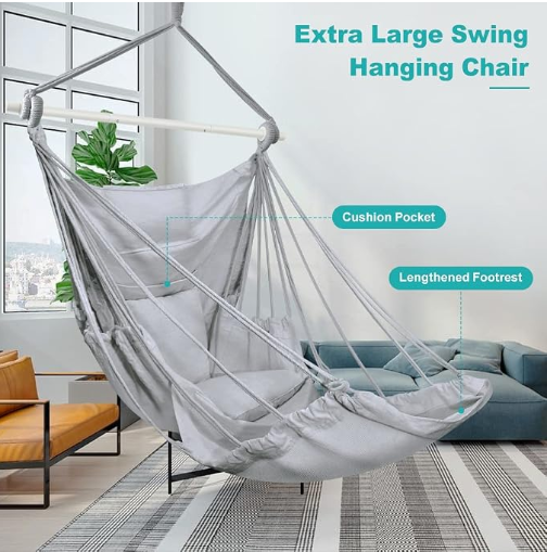 Outerman Hammock Chair, Hanging Chair with 3 Cushions and Foot Rest Support, Durable Metal Spreader Bar Max 440 Lbs, Swing Chair for Bedroom, Indoor & Outdoor, Patio, Porch or Tree（Gray）