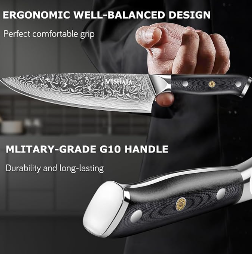 MOSFiATA Damascus Chef Knife Set 5PCS-Professional Sharp High Carbon VG10 Stainless Steel Kitchen Knife with Finger Guard, Knife Sharpener Rod Gift
