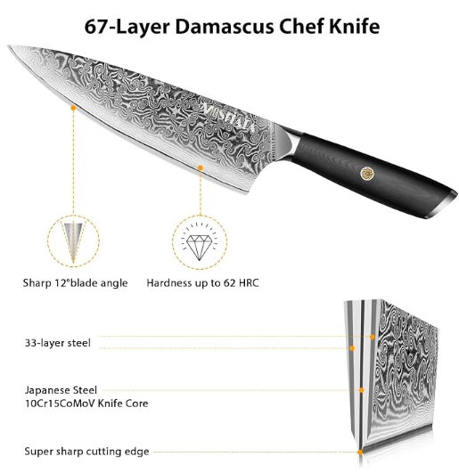 MOSFiATA Damascus Chef Knife 8", Professional Sharp Kitchen Knife 67 Layers Damascus Stainless Steel VG10 Core, Chef's Knives Chopping Cooking Knife Set with Ergonomic G10 Handle Sharpener Gift Box