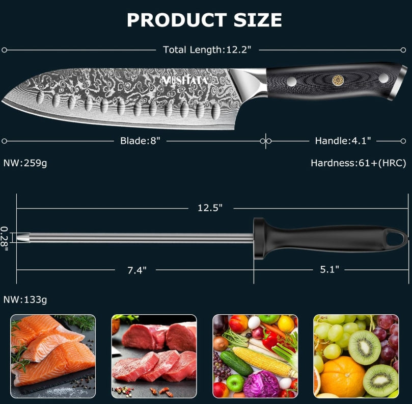 MOSFiATA Chef Knife,Kitchen Knife Santoku Chef's Knife 7 inch Multifunction Kitchen Knives Damascus Steel VG-10 Blade,Knife Sharpener Rod Gift Box
