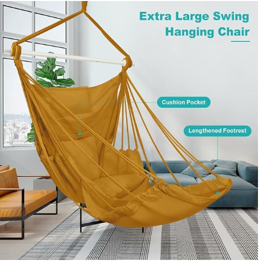 Outerman Hammock Chair, Hanging Chair with 3 Cushions and Foot Rest Support, Durable Metal Spreader Bar Max 500Lbs, Swing Chair for Bedroom, Indoor & Outdoor, Patio, Porch or Tree（Khaki）