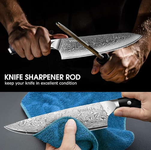 MOSFiATA Professional Damascus Chef Knife Set-3PCS, 8 ‘’Chef Knife 7”Santoku Knife and 5'Utility Knife，VG-10 High Carbon Stainless Steel with Finger Guard, Knife Sharpener Rod Gift Box