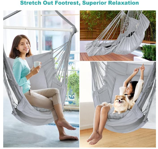 Outerman Hammock Chair, Hanging Chair with 3 Cushions and Foot Rest Support, Durable Metal Spreader Bar Max 440 Lbs, Swing Chair for Bedroom, Indoor & Outdoor, Patio, Porch or Tree（Gray）