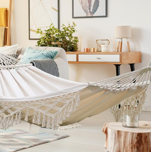MOSFiATA Backyard Hammock with Tassels Max 500lbs Canvas Fabric Bohemian Style with Thickened Rope and Carry Bag for Outdoor, Garden, Patio, Wedding Decor (White)