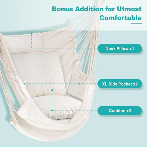 Outerman Hammock Chair, Hanging Chair with 3 Cushions and Foot Rest Support, Durable Metal Spreader Bar Max 440 Lbs, Swing Chair for Bedroom, Indoor & Outdoor, Patio, Porch or Tree（White）