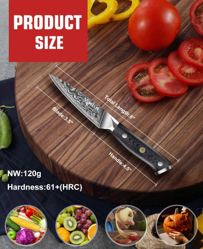 MOSFiATA Paring Knife, Super Sharp Damascus Fruit Knife, Multifunctional Peeling for Cutting Fruit Vegetables