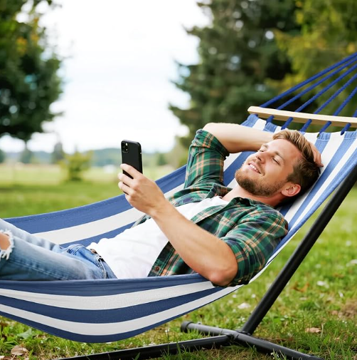 MOSFiATA Hammocks Portable Camping Hammock Upgraded 550lb Comfortable Fabric Hammock with Two Anti Roll Balance Beam and Sturdy Metal Knot Tree Straps for Camping, Patio, Backyard, Outdoor(Blue White)