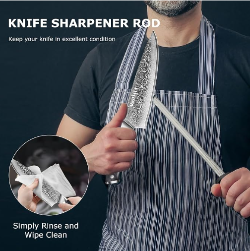 MOSFiATA Damascus Chef Knife Set 5PCS-Professional Sharp High Carbon VG10 Stainless Steel Kitchen Knife with Finger Guard, Knife Sharpener Rod Gift
