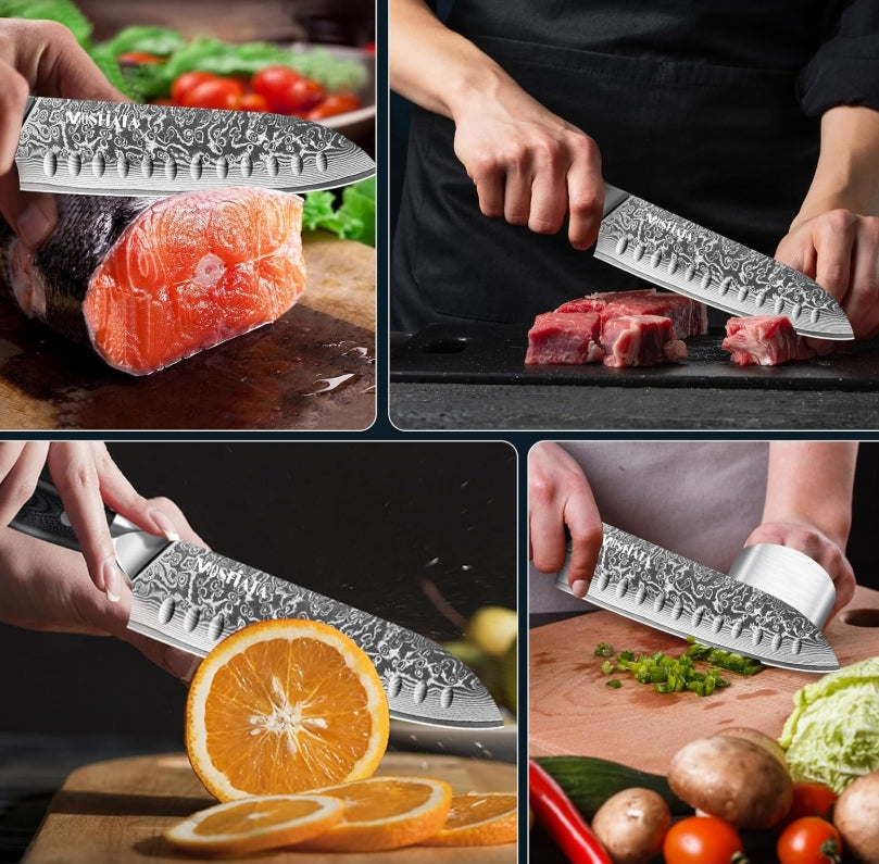 MOSFiATA Chef Knife,Kitchen Knife Santoku Chef's Knife 7 inch Multifunction Kitchen Knives Damascus Steel VG-10 Blade,Knife Sharpener Rod Gift Box