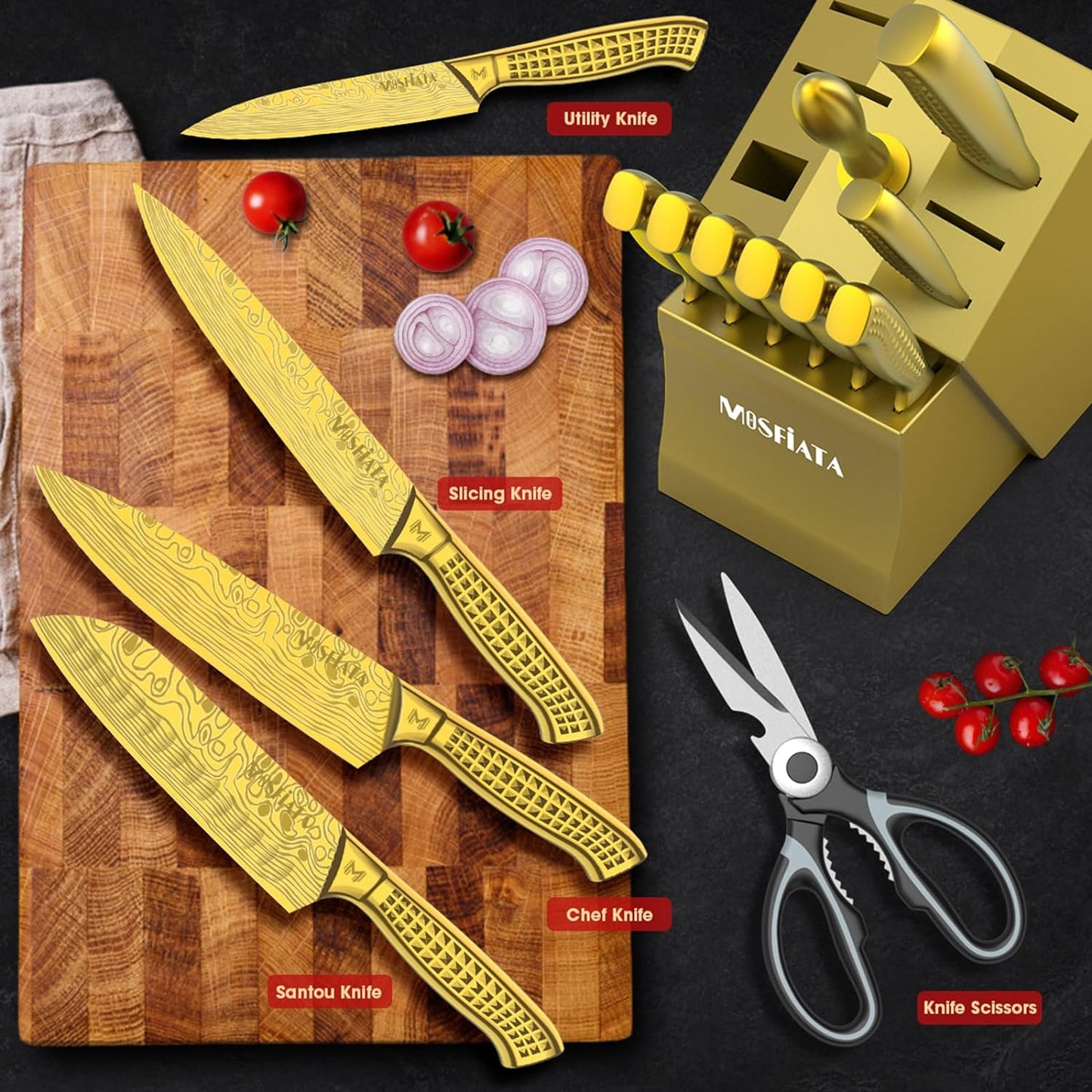 MOSFiATA Kitchen Knife Set, 17 Pcs Japanese Stainless Steel Knife Sets for Kitchen with Block with Knife Sharpening Rod, Dishwasher Safe, Gift Set,Titanium Plated Knife Block Set (Golden)