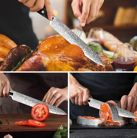 MOSFiATA 8 inch Carving Knife，Stainless Steel Brisket Slicing Knife for Meat Cutting, Razor Sharp Butcher Knife with Granton Edge for Roasts, BBQ, Turkey
