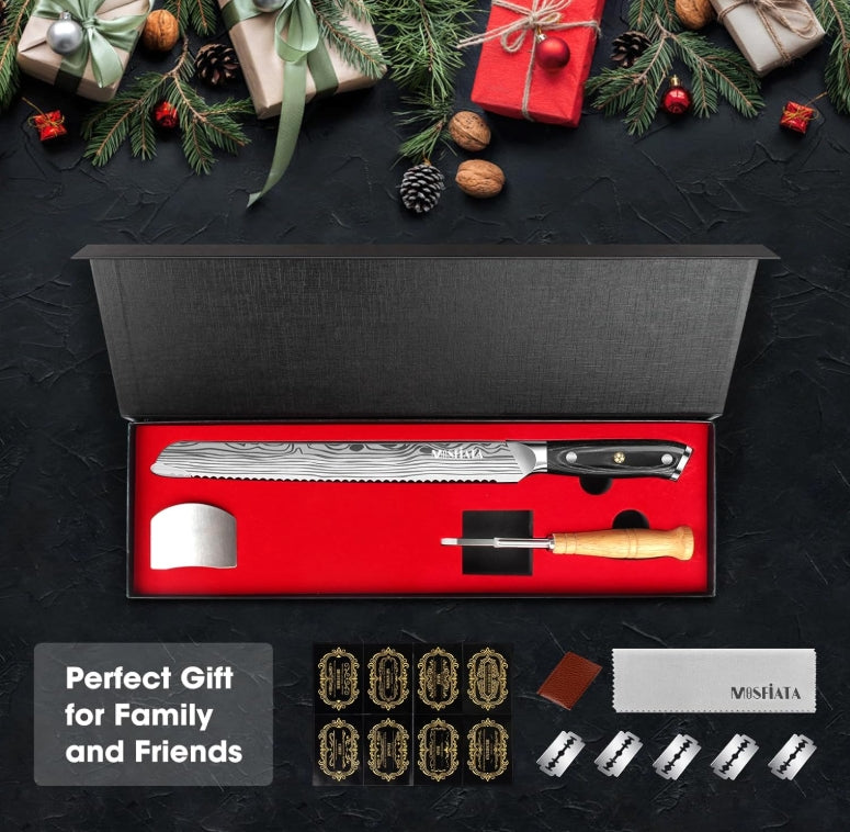 MOSFiATA Bread Knife 10.5” Ultra Sharp Knife，Long Serrations Glide Through Bread, Authentic, Handcrafted, Japanese Serrated Kitchen Knife