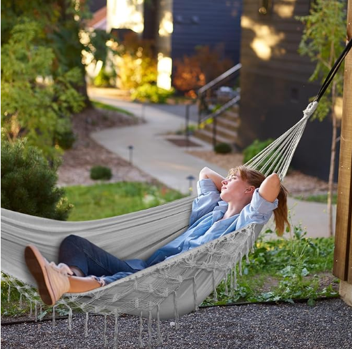 MOSFiATA Backyard Hammock with Tassels Max 500lbs Canvas Fabric Bohemian Style with Thickened Rope and Carry Bag for Outdoor, Garden, Patio, Wedding Decor (Gray)