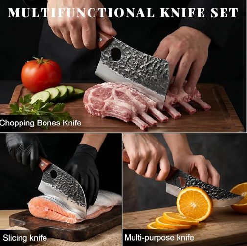 MOSFiATA 3PCS Butcher Knife Set, Hand Forged Serbian Chef Knives & Meat Cleaver & Viking Knives, Meat Cutting Kitchen Knife Set for Home