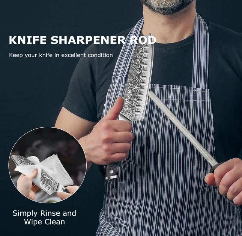 MOSFiATA Chef Knife,Kitchen Knife Santoku Chef's Knife 7 inch Multifunction Kitchen Knives Damascus Steel VG-10 Blade,Knife Sharpener Rod Gift Box