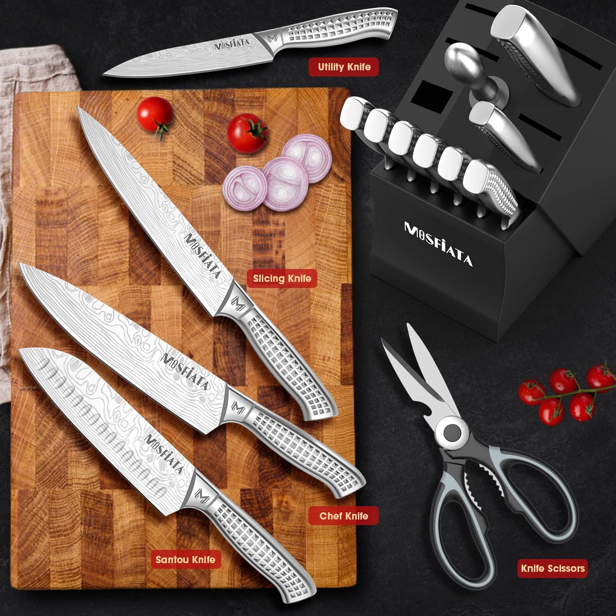 MOSFiATA Kitchen Knife Set, 17 Pieces Japan Stainless Steel Knife Sets for Kitchen with Block with Knife Sharpening Rod,Chefs,Santoku