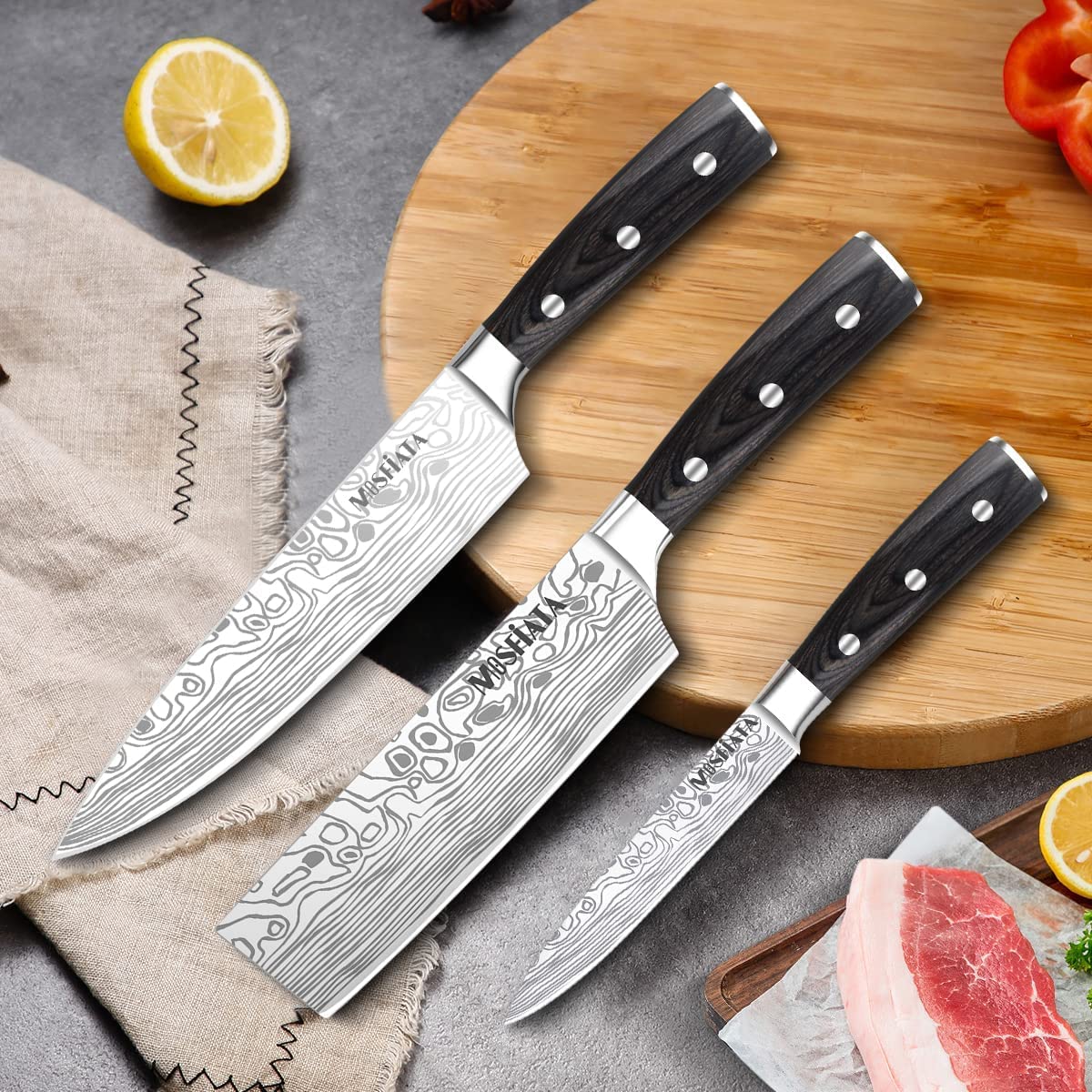MOSFiATA Professional Chef Knife Set with German High Carbon Stainless Steel Kitchen Knife Set 3 PCS-8" Chefs Knife &7" Nakiri Knife&5" Utility Knife