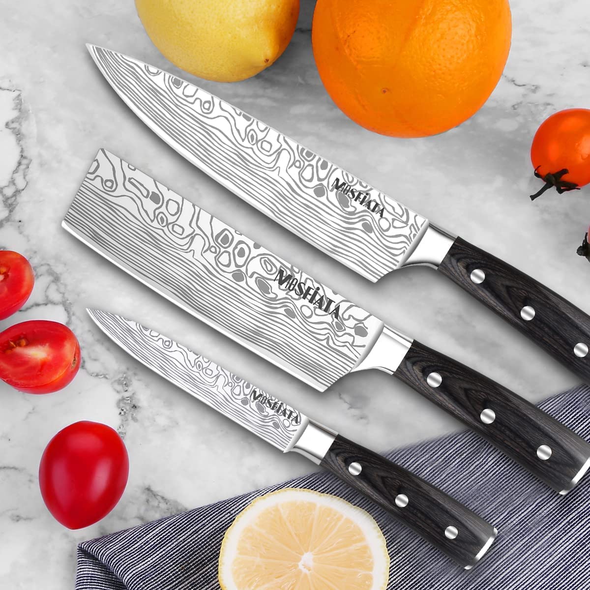 MOSFiATA Professional Chef Knife Set with German High Carbon Stainless Steel Kitchen Knife Set 3 PCS-8" Chefs Knife &7" Nakiri Knife&5" Utility Knife