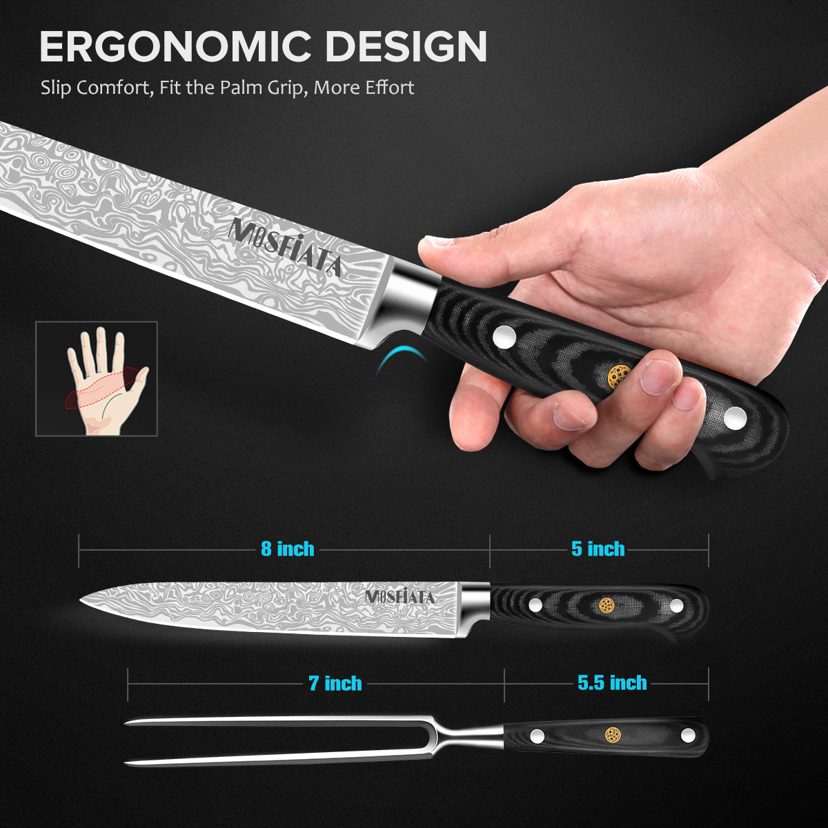 8" Carving Knife and 7" Fork Set Brisket Slicing Knife